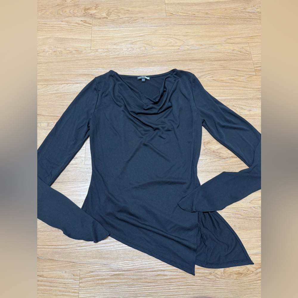 Draped Neck Long Sleeve Top - Black